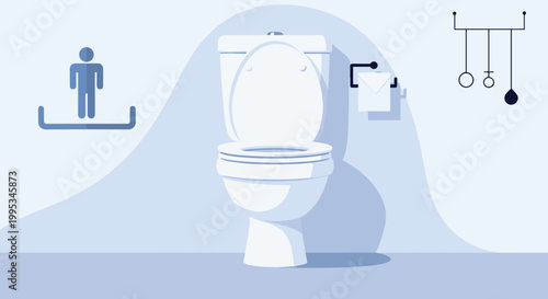 Modern illustration of a clean white ceramic toilet with its lid open in a minimalist blue-toned bathroom setting.