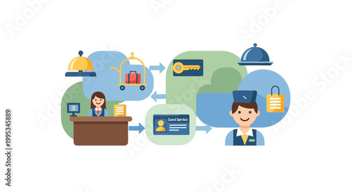 Hotel staff with customer service icons.