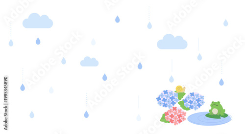 Photos 梅雨の背景イラスト　梅雨バナー　梅雨素材　雨の日　フレーム　水滴　蛙　傘　