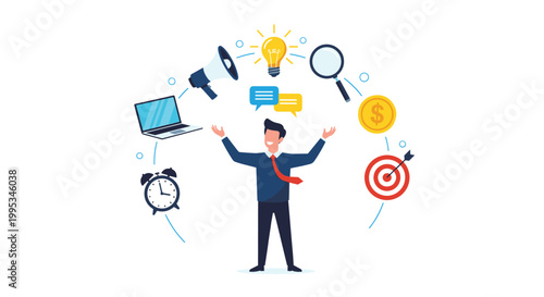 Successful entrepreneur standing with open arms while various business icons orbit around him in a circle.