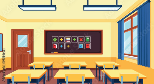 A brightly lit classroom setting featuring desks a chalkboard and windows with blue curtains