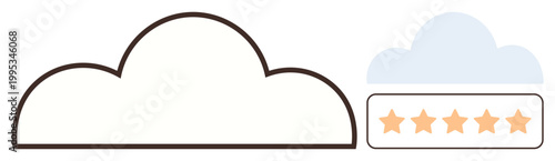 Customer feedback, cloud services, digital storage, ratings, quality assessment, data hosting. A cloud icon with a five-star rating bar. Customer feedback and cloud services concepts