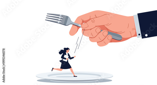 Tiny businesswoman running away from a giant fork on a white plate in concept of corporate pressure and survival.