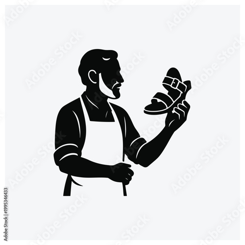 A shoemaker silhouette illustration holding a shoe.