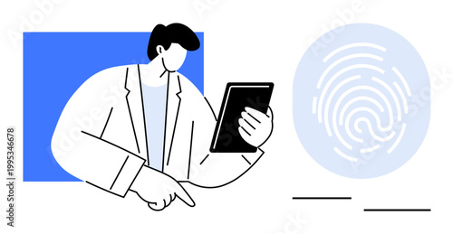 Identity authentication, cybersecurity, secure access, data verification, technology, digital safety. Person with tablet pointing at a fingerprint. Identity authentication and cybersecurity concepts