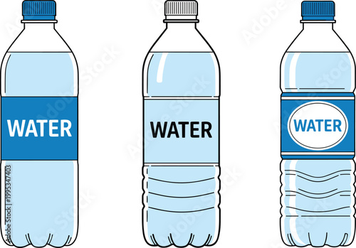 Plastic Water Bottle Vector Set with Different Label Designs, Transparent Containers and Packaging Mockups for Beverage Branding and Product Illustration