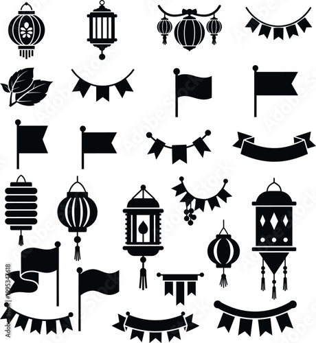 Collection of festive lanterns and decorative banner silhouettes for celebrations with decoration