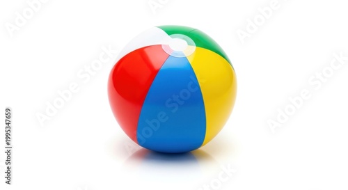 Free Download A colorful, shiny beach ball with red, white, blue, green, and yellow sections sits on a plain white background, casting a subtle shadow - GFXLoad