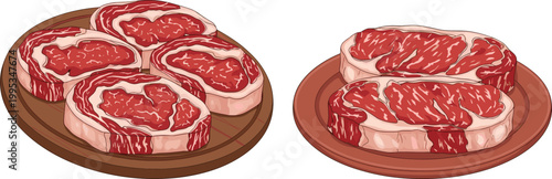 Raw Beef Steak Vector Illustration with Marbled Meat Cuts on Wooden Board and Plate for Butcher Shop, Restaurant Menu and Food Design