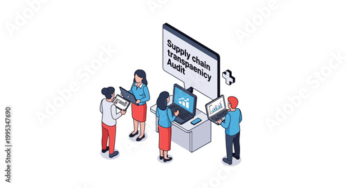 Isometric illustration of business team auditing supply chain transparency.