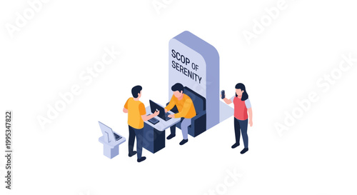 Isometric illustration of people interacting with a digital interface and technology.