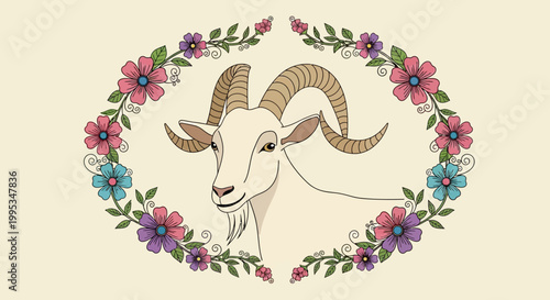 Goat with floral wreath.