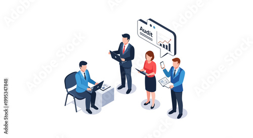 Isometric illustration of business team auditing financial performance.