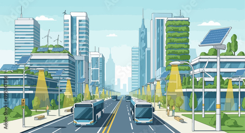 Modern cityscape with sustainable technologies and transportation