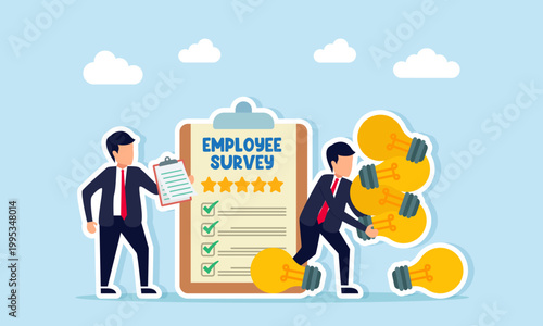 Businessman holding document near employee survey board and another businessman holding stack of light bulbs illustration of employee KPI assessment based on ability to apply business ideas
