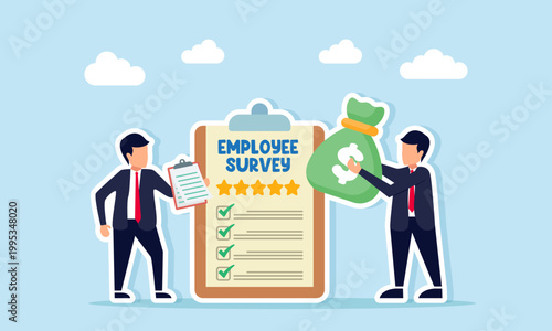 Businessman hold document near employee survey board and another businessman hold money bag illustration of employee KPI assessment based on financial management performance