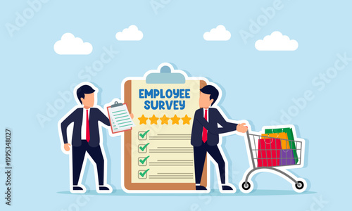 Businessman holding document near employee survey board and another businessman pushing shopping cart illustration of employee KPI assessment based on business spending management performance