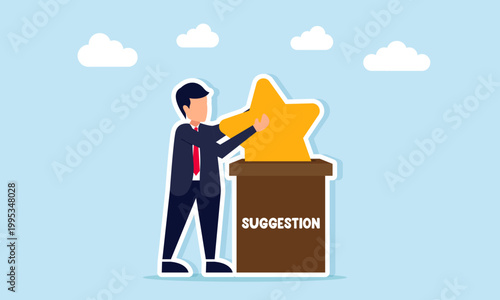 Businessman placing star into suggestion box illustration of giving quality feedback and recommendations