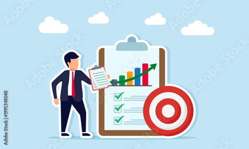 Businessman holding document near target board and chart data document illustration of business target analysis based on data