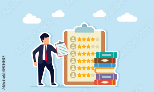 Businessman holding document near stack of books and checklist board with star ratings illustration of employee KPI assessment based on literacy