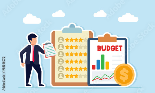 Businessman holding document near checklist board with star ratings and budget board with charts and dollar coin illustration of financial employee KPI assessment based on team performance