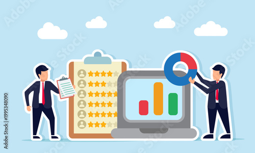 Businessman hold document near checklist board with star ratings and another businessman hold diagram near laptop show chart illustration of employee KPI assessment based on performance data