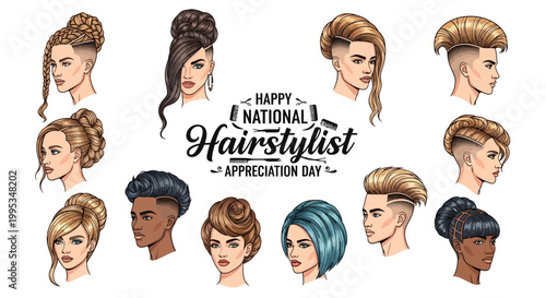 A vibrant vector illustration celebrates hairstylist appreciation day with diverse hairstyles showcased, featuring retro design elements and a cheerful mood against a clean white background