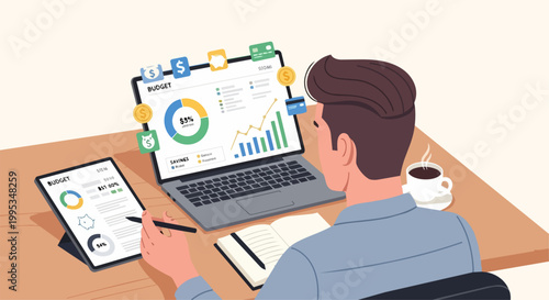 Person analyzing financial data on laptop and tablet