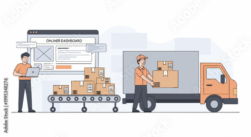 Logistics and shipping illustration boxes on conveyor belt and delivery truck