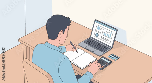 Person working at desk analyzing data with laptop and calculator