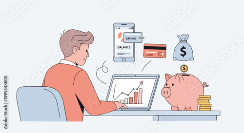 Man analyzing financial data with laptop credit card and piggy bank