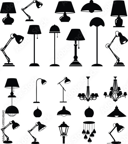 Collection of various interior and exterior lighting fixtures and lamps silhouettes with desk lamp