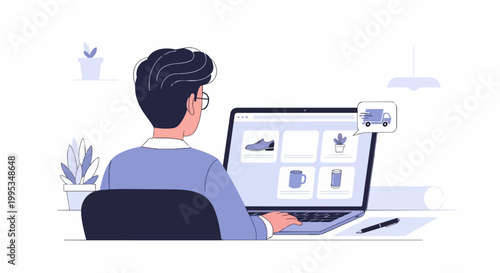 Man browsing online store on laptop shopping for goods and services