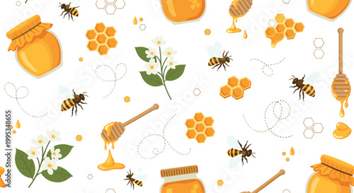 Seamless Honey Pattern with Bees, Honeycombs, Flowers, Honey Dippers and Jars in Cute Flat Style for Organic Food Packaging and Textile Design
