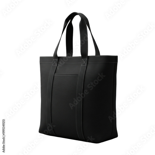Plain black canvas tote bag, heavy-duty cotton texture, reinforced handles, 3/4 angle against a seamless transparent studio background with diffused lighting, minimalist product concept