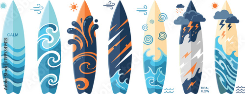 Surfboard Ocean Wave Vector Set with Calm Sea, Storm Waves, Wind, Rain and Lightning Designs for Summer Beach Surfing Illustration