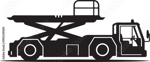 Black scissor lift vector, construction equipment icon, industrial machinery silhouette, heavy duty vehicle