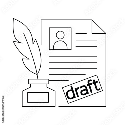 Content creation and drafting concept with resume inkwell quill pen and draft stamp vector.Editable stroke, Vector illustration, Line art Icon, Symbols.