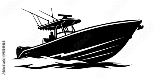Offshore fishing powerboat silhouette on water vector illustration for logo and decal design