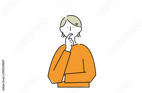 唇に人差し指を当て思案する様子の女性