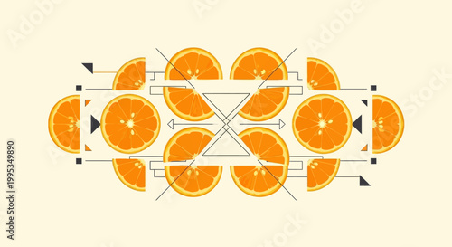 Symmetrical graphic design featuring vibrant orange slices and abstract geometric patterns.
