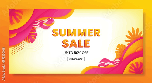 Vibrant summer sale promotional banner featuring colorful abstract shapes and tropical leaf elements for marketing seasonal discounts and special retail events designed as a high quality vector graphi