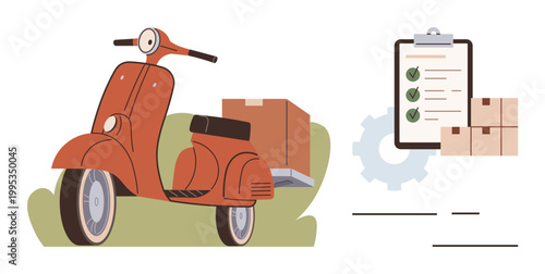 E-commerce logistics, rapid delivery, parcel tracking, transportation services, small business, retail solutions. Red scooter carrying a box with a checklist and gear. E-commerce logistics and rapid