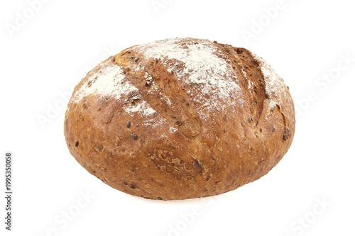 Freshly baked round bread loaf with golden crust and flour dusting