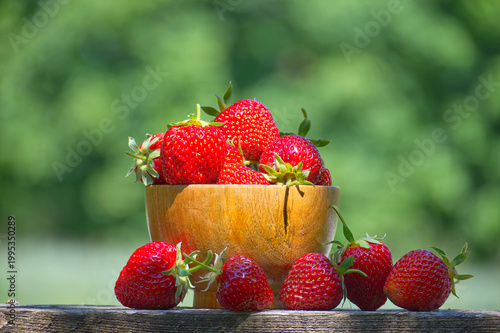 Fresh strawberries overflowing a wooden bowl in a garden