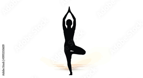 Elegant black silhouette vector graphic illustration showcasing a person performing the traditional tree pose yoga exercise with arms extended above the head to represent balance and mindfulness withi