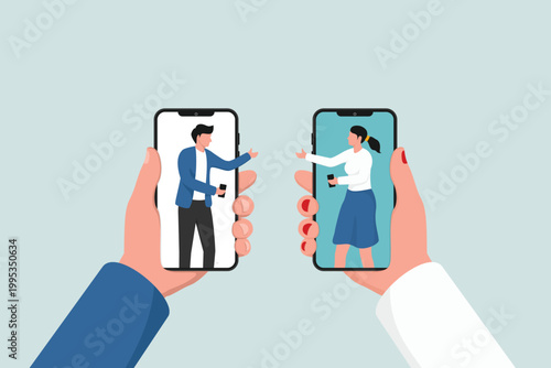 Video conferencing during a virus outbreak, the concept of people using technology to work remotely from home, male and female teammates working remotely using smartphones or mobile phones for meeting