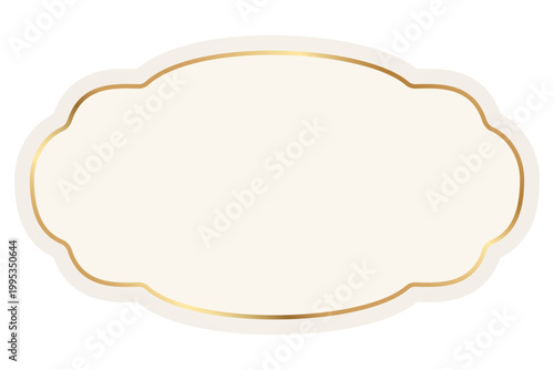 Elegant frame of vintage decorative label with elegant gold frame and beige background. Classic badge for premium packaging, wedding invitations and boutique branding. Vector illustration