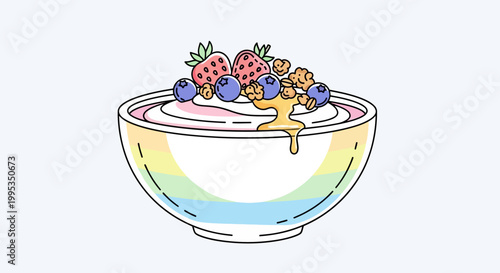 A vibrant and healthy breakfast yogurt bowl illustration featuring fresh fruits and golden honey