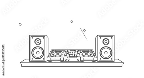 Professional dj audio equipment consisting of a high quality mixing console integrated with two powerful studio monitors placed on a flat surface representing modern electronic music production techno